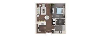 A floor plan of a small apartment with a living room, dining room, kitchen, and bathroom.
