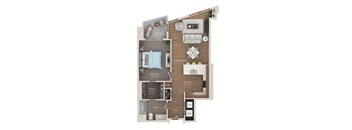 A floor plan of a house showing a living room, dining room, kitchen, two bedrooms, a bathroom, and a walk-in closet.