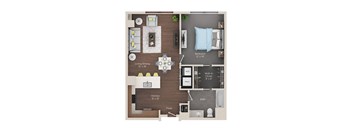 A floor plan of a small apartment with a living room, dining room, kitchen, bathroom, and bedroom.