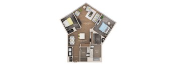 A floor plan of a small apartment with a living room, two bedrooms, a kitchen/dining area, and a bathroom.