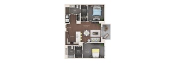 A floor plan of a house with a living room, two bedrooms, a bathroom, a kitchen, and a foyer.