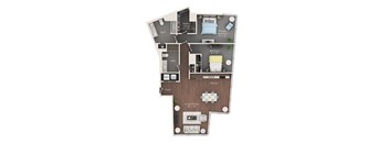 A floor plan of a small apartment with a living room, kitchen, two bedrooms, and a bathroom.