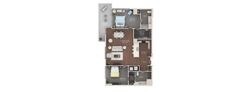 A floor plan of a two-bedroom apartment with a living room, dining room, kitchen, and bathroom.