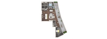 A floor plan of a house with a kitchen, living room, and two bedrooms.