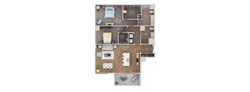 A floor plan of an apartment with a living room, two bedrooms, a bathroom, and a balcony.