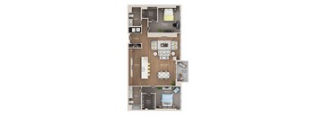 A floor plan of a small apartment with a living room, kitchen, and two bedrooms.