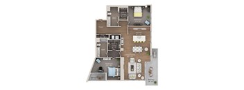 A floor plan of an apartment with a living room, two bedrooms, a kitchen, and a balcony.