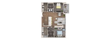 A floor plan of a house with a living room, dining room, kitchen, and three bedrooms.