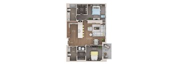 A floor plan of a small apartment with a living room, kitchen, two bedrooms, and a bathroom.