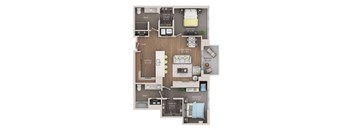 A floor plan of a small apartment with a living room, dining room, kitchen, and two bedrooms.