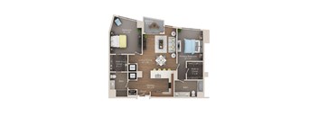 A floor plan of a home with a living room, dining room, kitchen, and two bathrooms.
