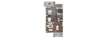A floor plan of a house with a living room, kitchen, two bedrooms, a bathroom, and a balcony.