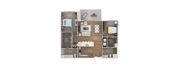 A floor plan of a house with a living room, two bedrooms, a bathroom, a kitchen, a walk-in closet, and a laundry area.