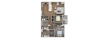 A floor plan of a two-bedroom apartment with a living/dining area, kitchen, laundry, and bathrooms.