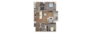A floor plan of a house with a living room, two bedrooms, a kitchen, a bathroom, and a balcony.