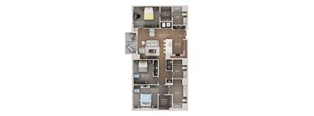 A floor plan of a house with three bedrooms, a living area, a kitchen, a bathroom, a balcony, and a walk-in closet.