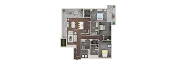A floor plan of a house with a living room, kitchen, and two bedrooms.