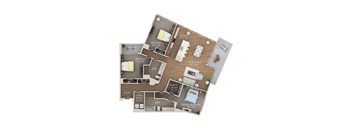 A floor plan of an apartment with a living room, dining room, kitchen, and multiple bedrooms.