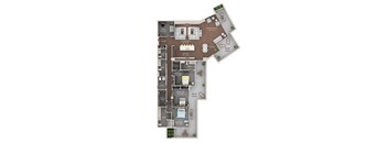 A floor plan of a house with a living room, dining room, kitchen, and two bedrooms.