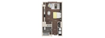 A floor plan of a small apartment with a kitchen, bathroom, and bedroom.