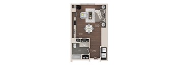 A floor plan of a small apartment with a living room, kitchen, bathroom, and bedroom.