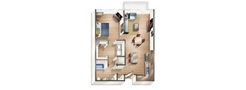 A floor plan of a house with a kitchen, living room, and bathroom.