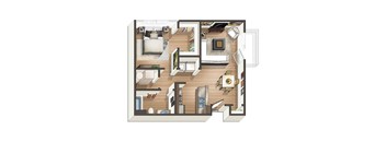 A top-down view of a house interior with a kitchen, living room, and bathroom.