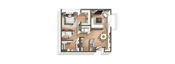 A top-down view of a house interior with a kitchen, living room, and bathroom.