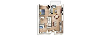 A floor plan of a house with a kitchen, living room, and bathroom.