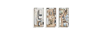 Three different floor plans of an apartment are shown.