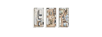 Three different floor plans of an apartment are shown.