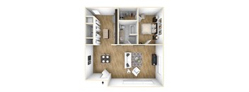 A 3D rendered image of a small apartment layout.