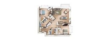 A top-down view of a house layout with various rooms and furniture.