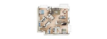 A top-down view of a house layout with various rooms and furniture.