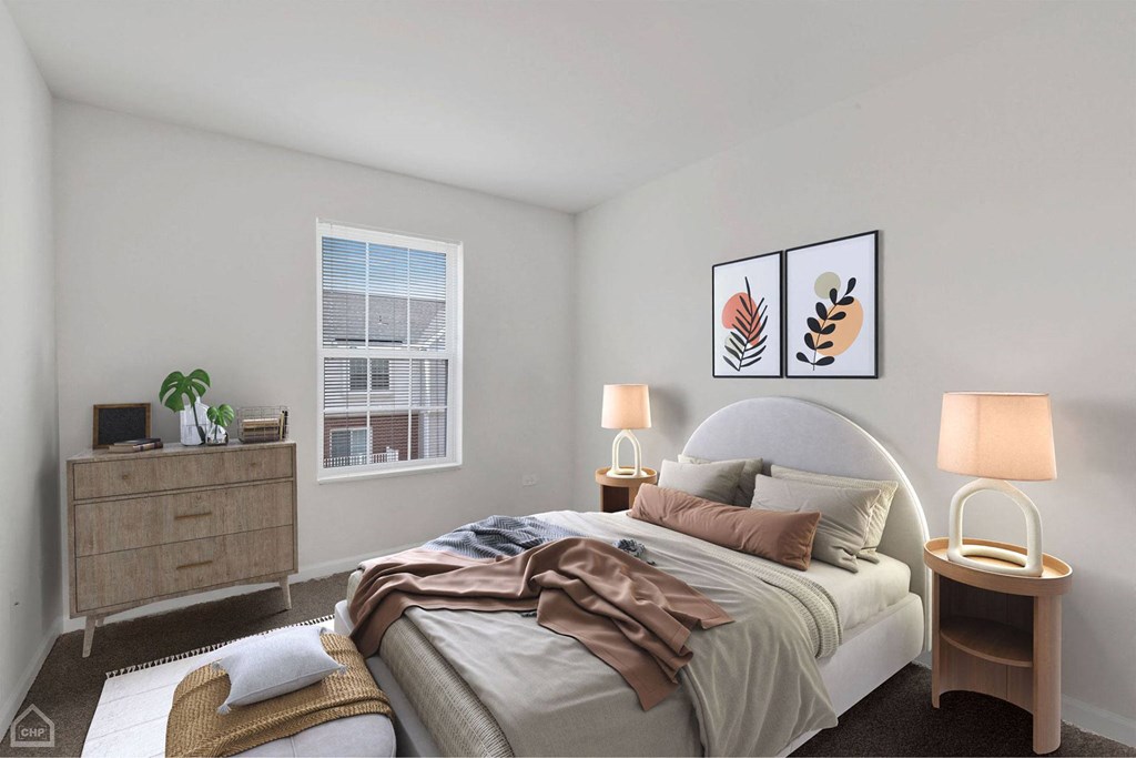 A bedroom with a bed, nightstand, and a plant on a wooden dresser.