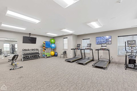 A spacious gym with treadmills, exercise balls, and weight machines.