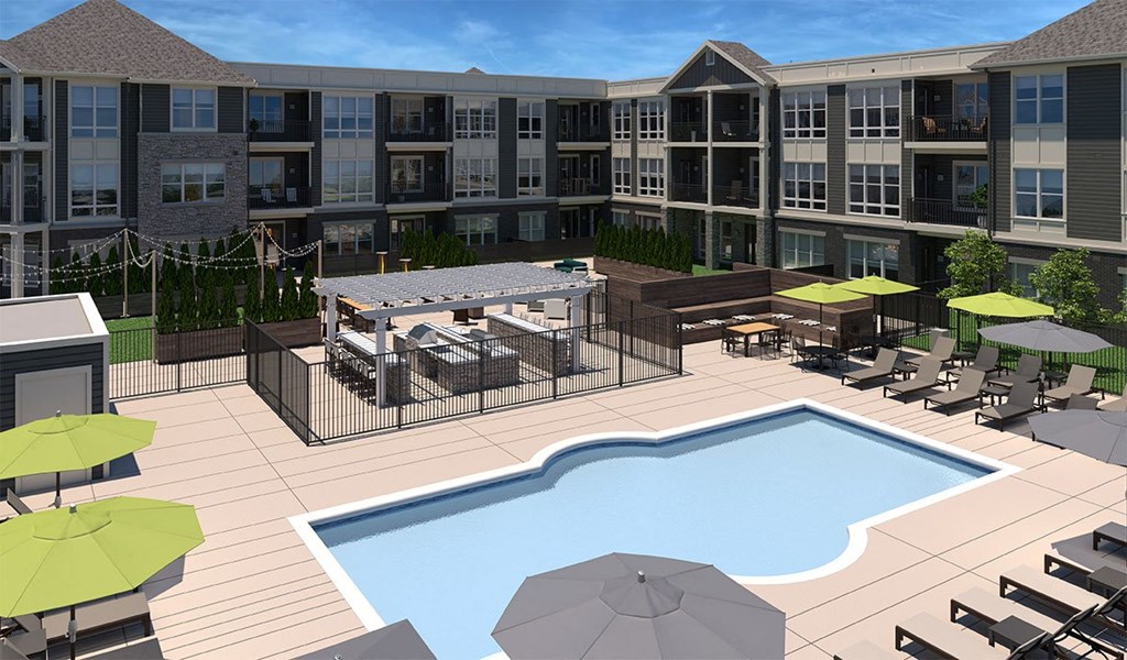 a rendering of a pool and patio area at an apartment building