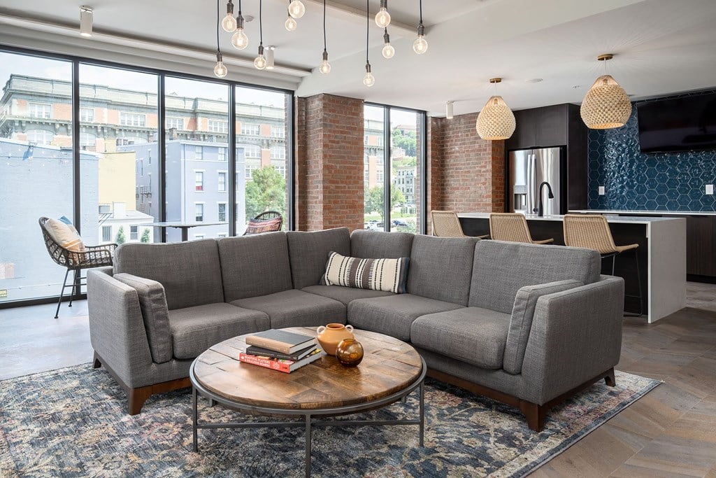 a living room with a couch and a coffee table