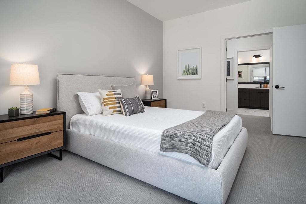 a bedroom with a large bed and a closet