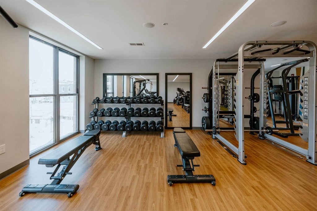 the gym is stocked with weights and other exercise equipment