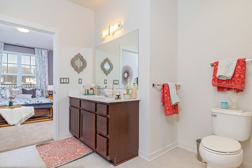 a bathroom connected to a bedroom with a mirror and a toilet and a sink