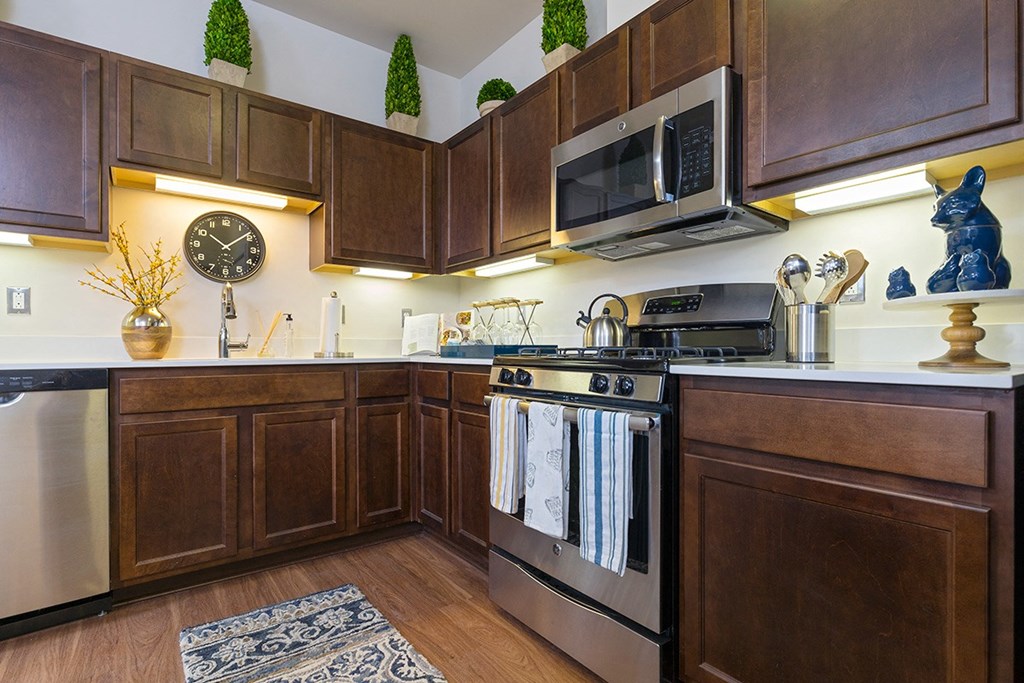 a kitchen with stainless steel appliances and wooden cabinets