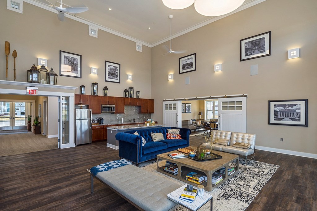 a living room with a couch and a table