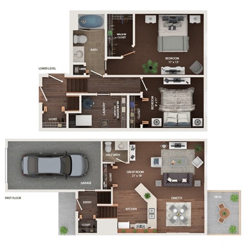 two floor plans of a house with a car and a garage