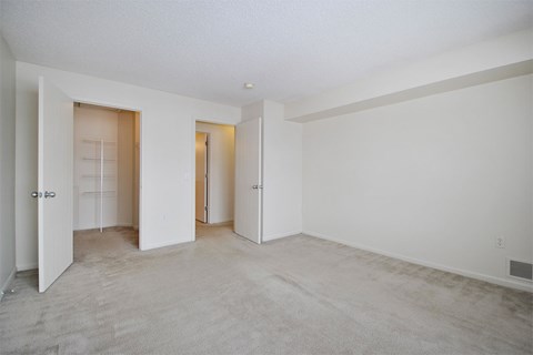 A large, empty room with carpeted floors and white walls.