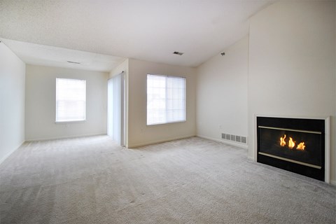 A room with a fireplace and carpeting.