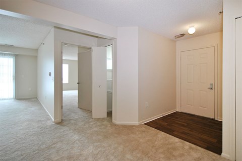 A large, empty room with white walls and a carpeted floor.