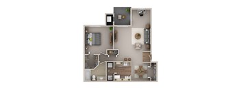 A top-down view of a small apartment with a kitchen, living room, and bedroom.
