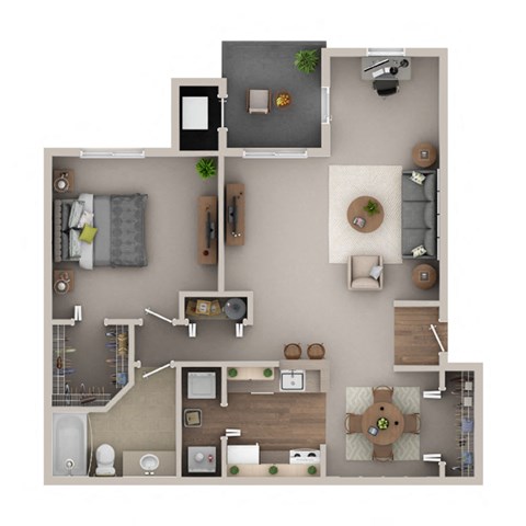 A top-down view of a small apartment with a kitchen, living room, and bedroom.