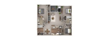A top-down view of a house layout with a central living area, bedrooms, a kitchen, and bathrooms.